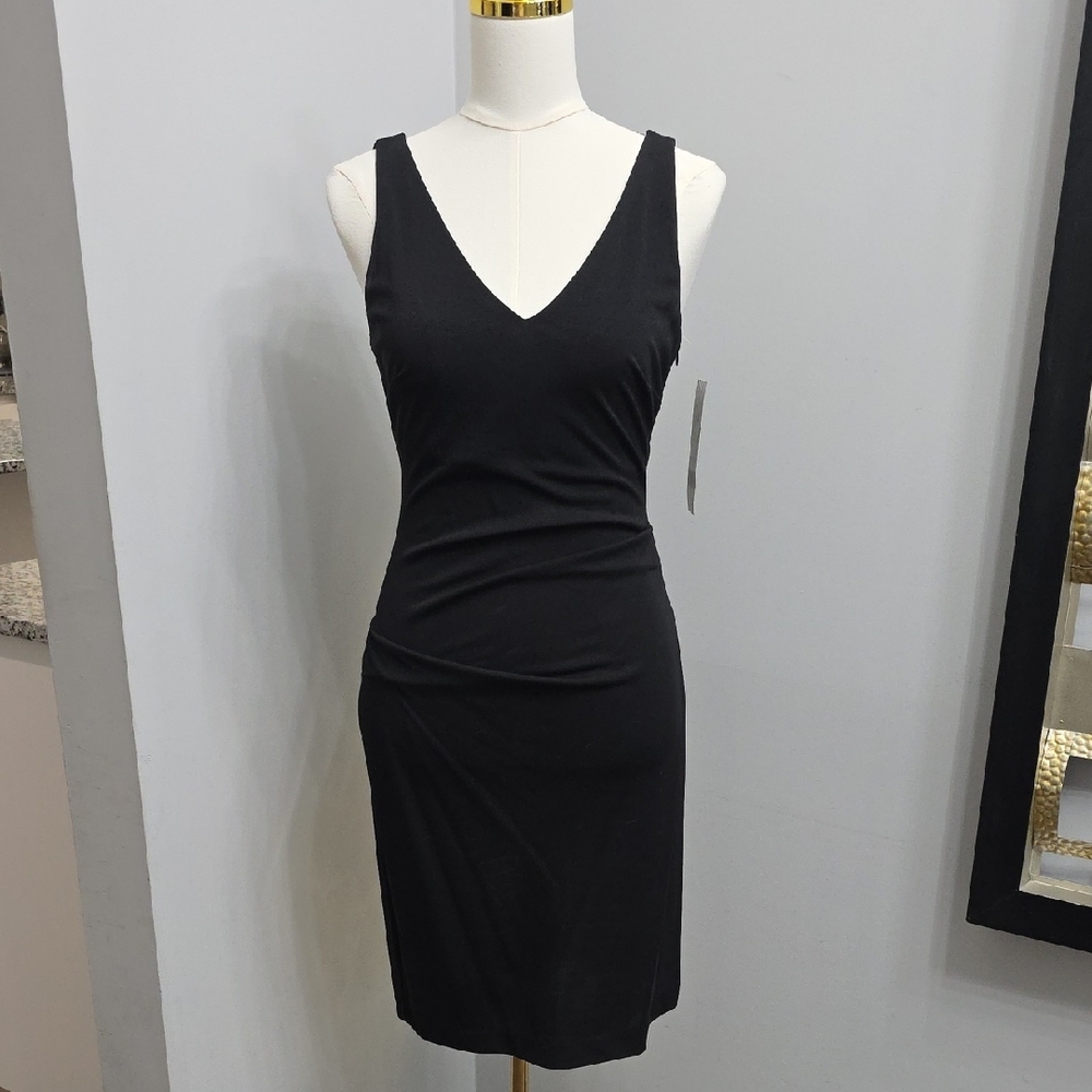 Nicole Miller Vintage 90s Black V-Neck Draped Midi Sheath Dress